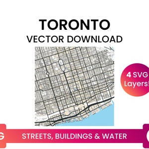Stratennetwerk, Voetafdrukken bouwen & waterlichamen van Toronto, Ontario | City Street Map Multi-Layer SVG-bestand | Vector downloaden