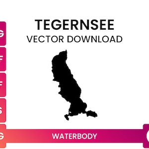 Könnte beinhalten: Eine schwarz-weiße Silhouette des Tegernsees, eines Sees in Deutschland. Das Bild enthält die Wörter "Tegernsee" und "Vektor-Download" in schwarzem Text. Das Bild enthält auch ein Download-Symbol und die Wörter "Gewässer" in rosa Text.