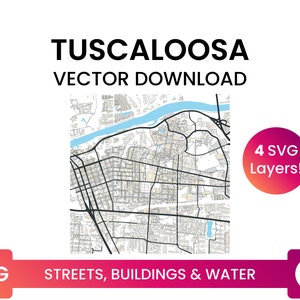 Réseau de rues, empreintes de bâtiments et plans d’eau de Tuscaloosa, Alabama | Carte de la ville Fichier SVG multicouche | Vector Télécharger