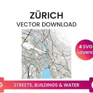 Stratennetwerk, Voetafdrukken van gebouwen &waterlichamen van Zürich, Zwitserland | City Street Map Multi-Layer SVG-bestand | Vector downloaden