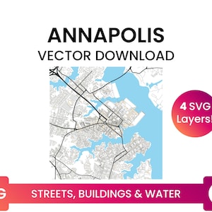 Rete stradale, impronte edilizie e corpi idrici di Annapolis, Maryland / Mappa stradale della città File SVG multistrato / Download vettoriale