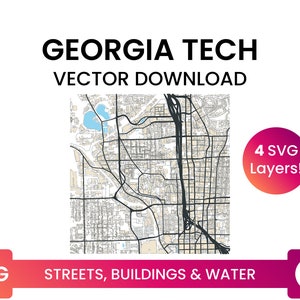 Street Network, Building Footprints &Waterbodies van Georgia Tech, Atlanta, GA | City Street Map Multi-Layer SVG-bestand | Vector downloaden