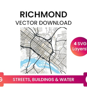 Stratennetwerk, Voetafdrukken bouwen & waterlichamen van Richmond, Virginia | City Street Map Multi-Layer SVG-bestand | Vector downloaden