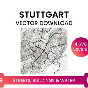 Stratennetwerk, Voetafdrukken van gebouwen & waterlichamen van Stuttgart, Duitsland | City Street Map Multi-Layer SVG-bestand | Vector downloaden