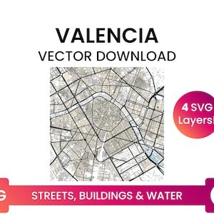 Rete stradale, impronte edilizie e corpi idrici di Valencia, Spagna / Mappa stradale della città File SVG multistrato / Download vettoriale