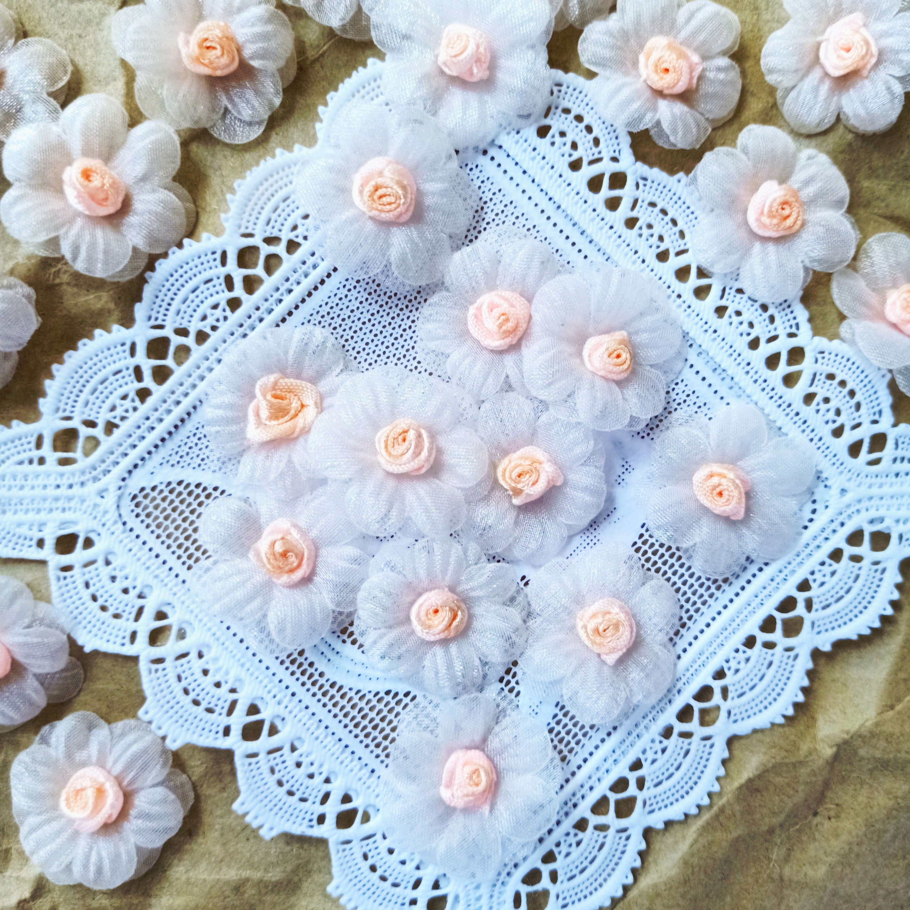 Handmade Blush Organza Rose Flowers: Floral Applique Embellishments, 1 inch