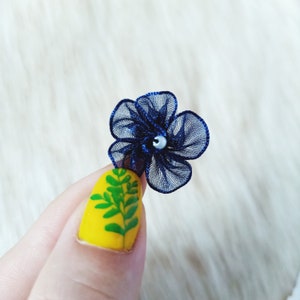 Handmade Navy Blue Chiffon Flower Appliques: Beaded Embellishments (1 inch)