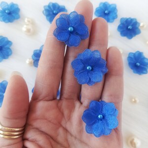10 Royal Ocean Blue kersenbloesem organza kralenbloem, 1", decor bruiloft gunst, kaarten maken, bloemenapplicaties, bloem naaien, blauwe stoffen strik