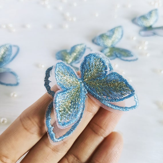 2 Aqua Gold Iridescent Embroidery 3D Butterfly,appliques for Bridal  Dress,headband,cinderella Costumes,lyrical Dance,garments,costume Design 