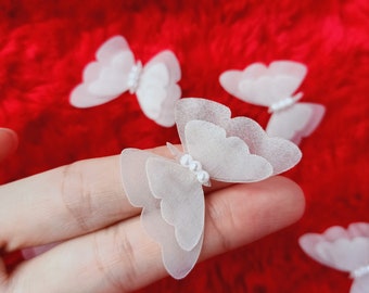 White 3D Butterfly Organza With Pearl Beads (5/10 pcs),Embellishment Costume,Lingerie Making,Sewing Supply,Doll Making,Bridal Craft,Headband