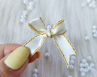 Ivory Bows Gold Edge (12/25 pcs),Fray Checked Bows,Glitter Fringe Bows,Favor Supply,Wedding Craft, Card Making, Bow Applique, Hand tied Bows