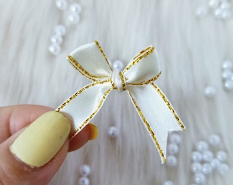 Ivory Satin Bows with Gold Edge, Hand-Tied Applique, Craft Supply