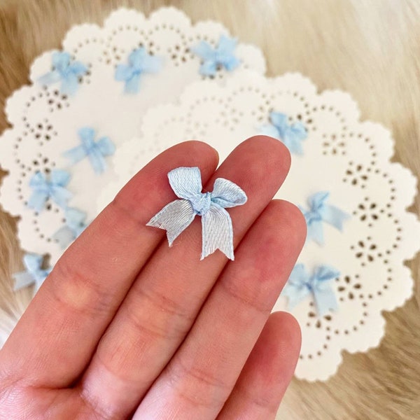 Tiny Baby Blue Bows (25/50 pcs),Mini Satin Blue Bow,Card Making, Millinery,Pastel Blue Ribbon Bow,Gift Tag Bows,Mini Applique,Handtied Knots