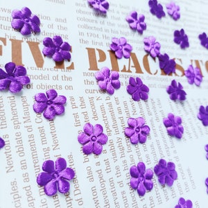 Puede incluir: Flores de tela de satén morado con cinco pétalos. Las flores están esparcidas en una página de texto que dice "Five Places".