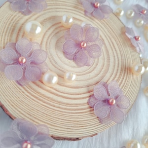 10/20 pcs fleurs de perle en organza de fleurs de cerisier mauve, 2,5 cm, décoration de faveur de mariage, fabrication de cartes, appliqué floral, fleur à coudre, noeud en tissu taro foncé