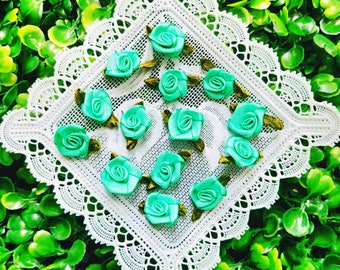 Jade Green Satin Ribbon Roses: Handmade Craft Supply (25/50 Pcs)