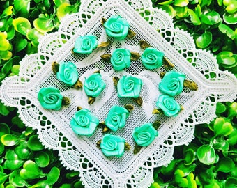 Jade Green Roses (25/50 pcs), Mini Satin Roses, Handmade Craft Supply,Wedding Craft Supply,Ribbon Roses,Card Making,Sew on Roses,Doll Making