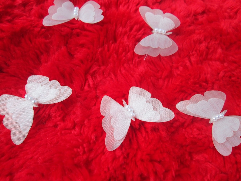 White 3D Butterfly Organza With Pearl Beads 5/10 pcs,Embellishment Costume,Lingerie Making,Sewing Supply,Doll Making,Bridal Craft,Headband image 3