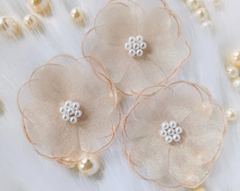 5 Rose Gold Apricot 3D Organza mit Perle / Kristall Perlen, 2 1/8 Zoll, Zwei Schichten Blumen, Braut Handwerk, Verschönerung Schneider, Hutmacherei