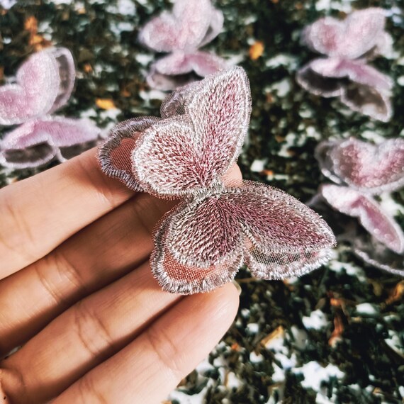 Mauve Silver Iridescent Embroidery Butterfly Applique: 3D Costume Design (2 pc)