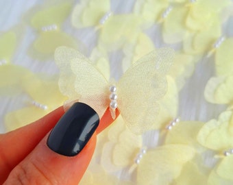 Yellow Organza Butterfly Appliques: Beaded Embellishments, Sewing Supply (5/10 Pcs)