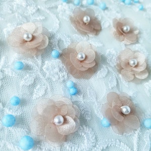 10 Powder Almond Organza Plum Blossom Flowers With Pearl Bead, 3 Layers Flowers,1 inch,Embellishment Tailor,Millinery,Wedding Decor Supply image 2