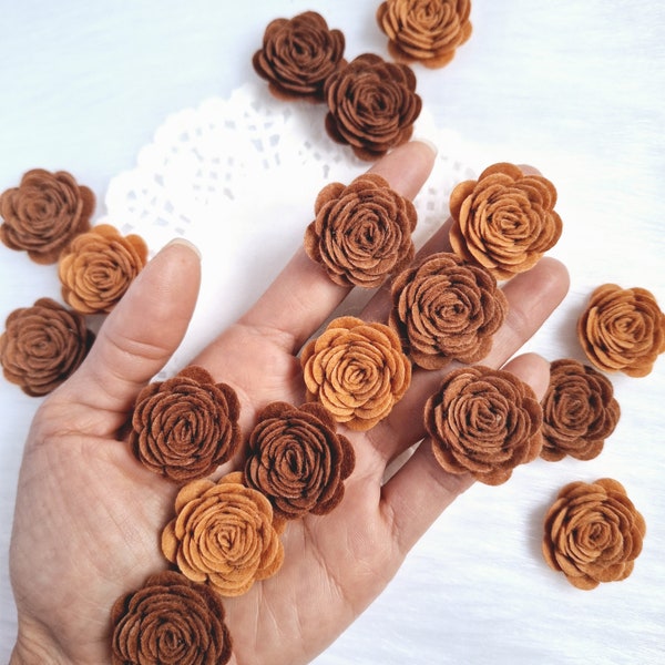 6 Or 12 Brown Rustic Felt Roses,Small Wool Felt Flower,Miniature Floral Applique,Neutral Wool Felt,3D Dimensional Flowers,Mini Autumn Posies