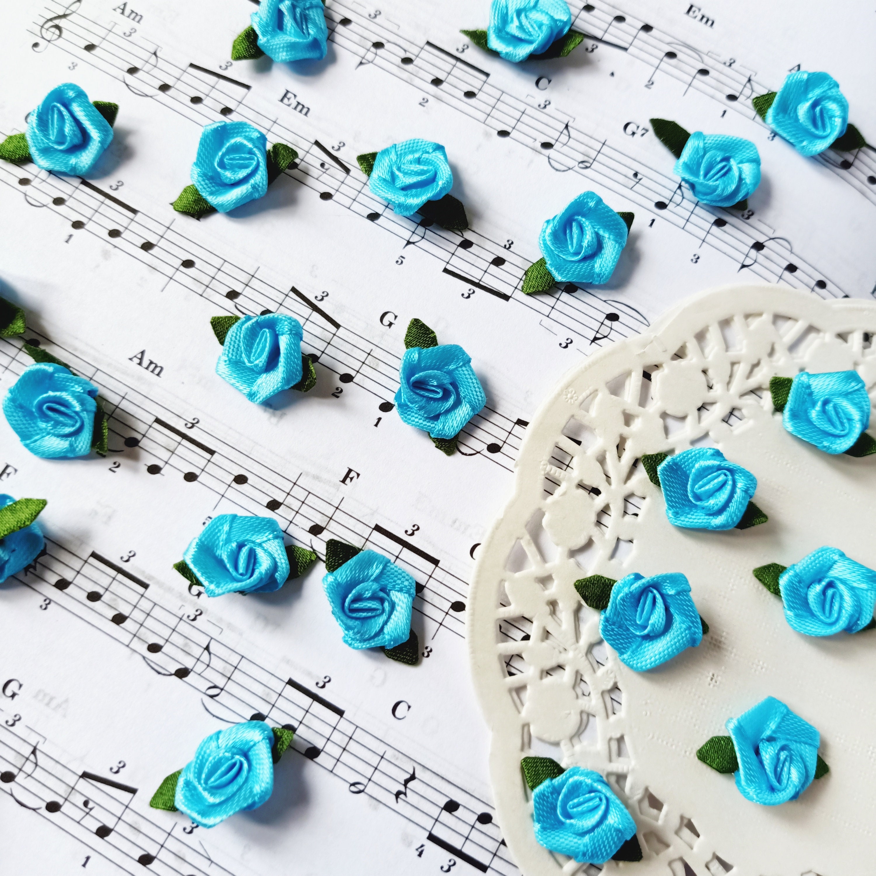 Baby Blue Satin Roses (25/50 Pcs), Sky Blue Accent, Blue