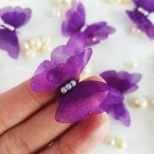Purple 3D Butterfly Organza With Pearl Beads (5/10 pcs), Embellishment Costume, Lingerie Finish, Sewing Supply, Doll Making, Bridal Craft