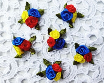 Mixed Triple Roses (Yellow,Royal Blue,Red), Mini Rose Bouquet, Wedding Craft Supply,Doll Costume Making,Sewing Appliqué, Rose Boutonniere