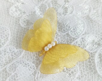 Handmade Yellow Organza Butterfly Applique: Pearl Bead Embellishment
