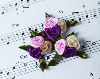 Handmade Satin Ribbon Rose Bouquet: Purple, Cream, Lavender (1 Inch)