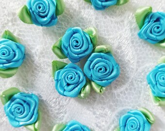 Aqua Blue Satin Ribbon Roses with Leaves: 1-inch Craft Embellishments (Set of 10)