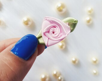 Pink Satin Ribbon Rose Buds: Handmade Fabric Embellishments (10 pc)
