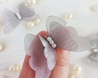Silber 3D Schmetterling Organza mit Perlen (5/10 Stück), Verschönerung Kostüm, Dessous Finish, Nähen Versorgung, Puppenherstellung, Braut Handwerk