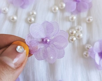 Lavender Cherry Blossom Organza Flowers: Beaded Appliqué, 1 inch (10 pc)