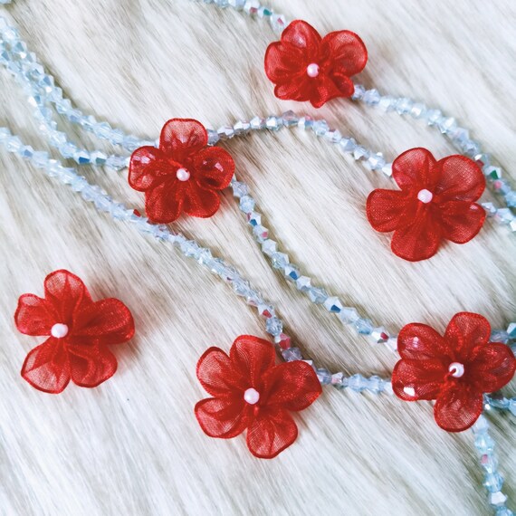 Red Chiffon Beaded Flowers: Handmade Applique Embellishments  display picture 2