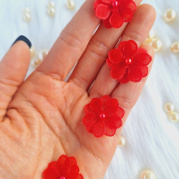 10/20pcs Red organza Flowers, Wedding Craft Supply, Favor Decoration,veil Finish , Costume Applique, Doll Making, Millinery, Sew on Appliqué