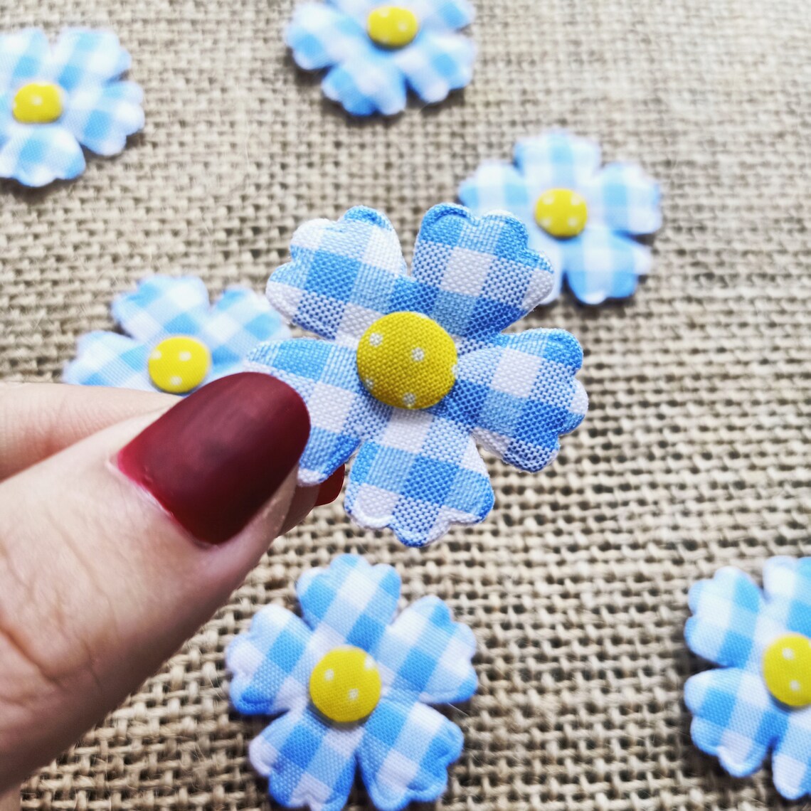Blue Gingham Fabric Die Cut Flowers 10/20 pcs Miniature Etsy France