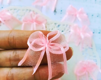 Pink Organza Bows With Or Without Beads (25/50pcs), Clear Sheer Bows, Invitation Bows, Lingerie Bows, Chiffon Ribbon Bows, Wedding Supply