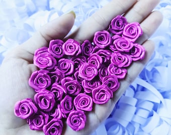 Purple Satin Ribbon Roses: Mini Craft Flowers (25/50 Pcs)