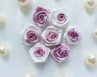 20 Ombre Taro Satin Rose Buds, 6/8 inch,Mini Rosettes,Satin Rose Applique,White Taro Satin Roses,Craft Roses,Small Fabric Roses,Ribbon Roses