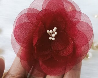 Burgundy Organza Carnation Roses: Handmade Wedding Decor, 2.5'' (Set of 3)