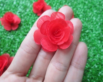 Red Organza Roses: Handmade Fabric Flowers, Sewing Embellishments (10/20pcs)