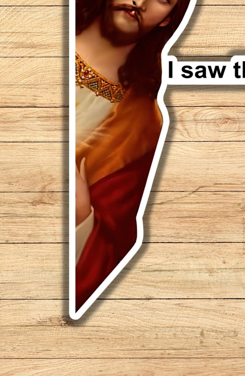 May include: A close-up of a painting of Jesus Christ with a mustache and a beard. The painting is in a vintage style and the colors are muted. The text "I saw the" is visible in the image.