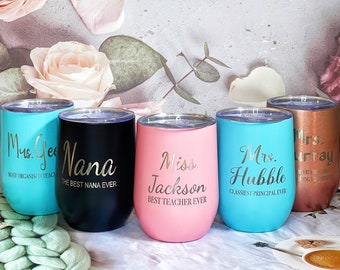 ENGRAVED PERSONALISED Reusable Travel wine Tumbler|Teachers Gift|custom cup TUMBLER with name|Christmas Teacher Gift box coffee Tea