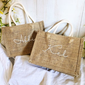 Personalised Burlap Jute Bag|bridesmaids bag|Eco friendly tote bag|custom name bag|custom tote bag|Wedding favour|Teacher|Birthday|Bridal