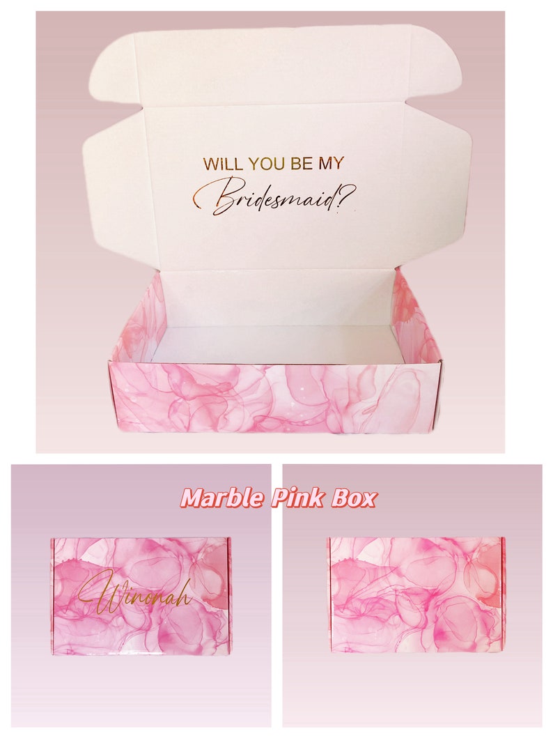 May include: A pink and white marble patterned gift box with the text "Will you be my Bridesmaid?" on the lid. The box is open and the inside is empty. The box is labeled "Marble Pink Box".