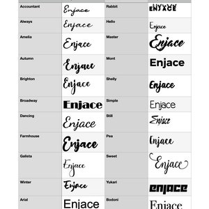 May include: A chart comparing different font styles, with the word "Enjace" written in each font. The fonts are listed in two columns, with the font name and a sample of the font in each row.