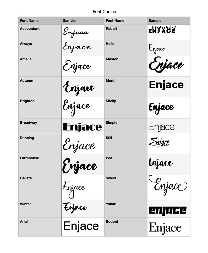 May include: A chart comparing different font styles, with the word "Enjace" written in each font. The fonts are listed in two columns, with the font name and a sample of the font in each row.